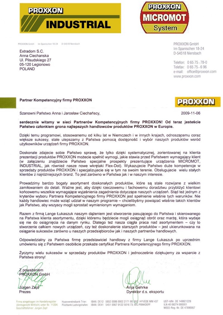 Extradom s.c. certyfikat partner kompetencyjny Proxxon